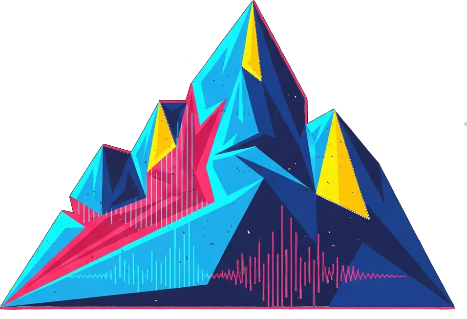 The Rockslide mark: a faceted mountain in cyan, blue, pink and yellow, with a soundwave running across its base.
