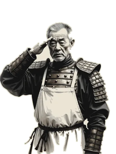 The General, an AI-generated character in armour and a cook&rsquo;s apron, holding a salute.